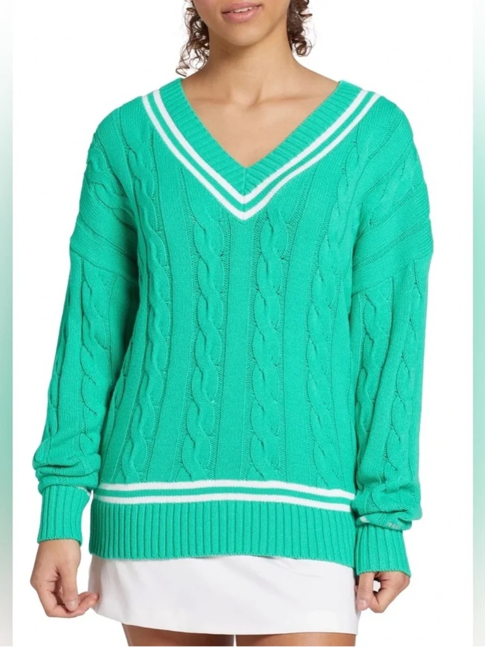 Prince V-Neck Cable Knit Sweater in Teal with White Trim